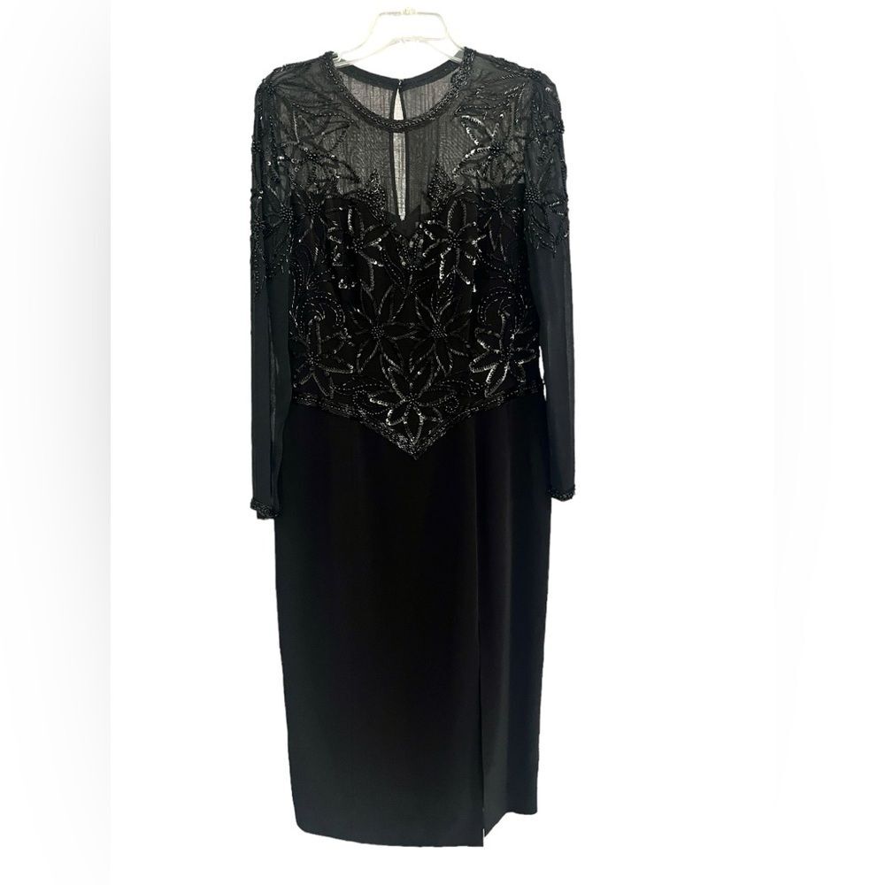 Jovani Cocktail Evening Dress Black Sheer Bodice Beaded Sequins Size 12